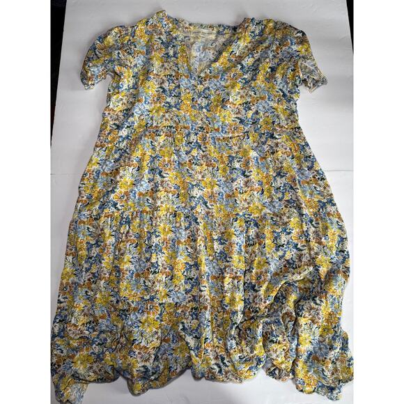 brass and roe Dresses & Skirts - Brass and Roe Floral Mini Dress Women Large Boho Cottagecore Tiered Yellow/Blue